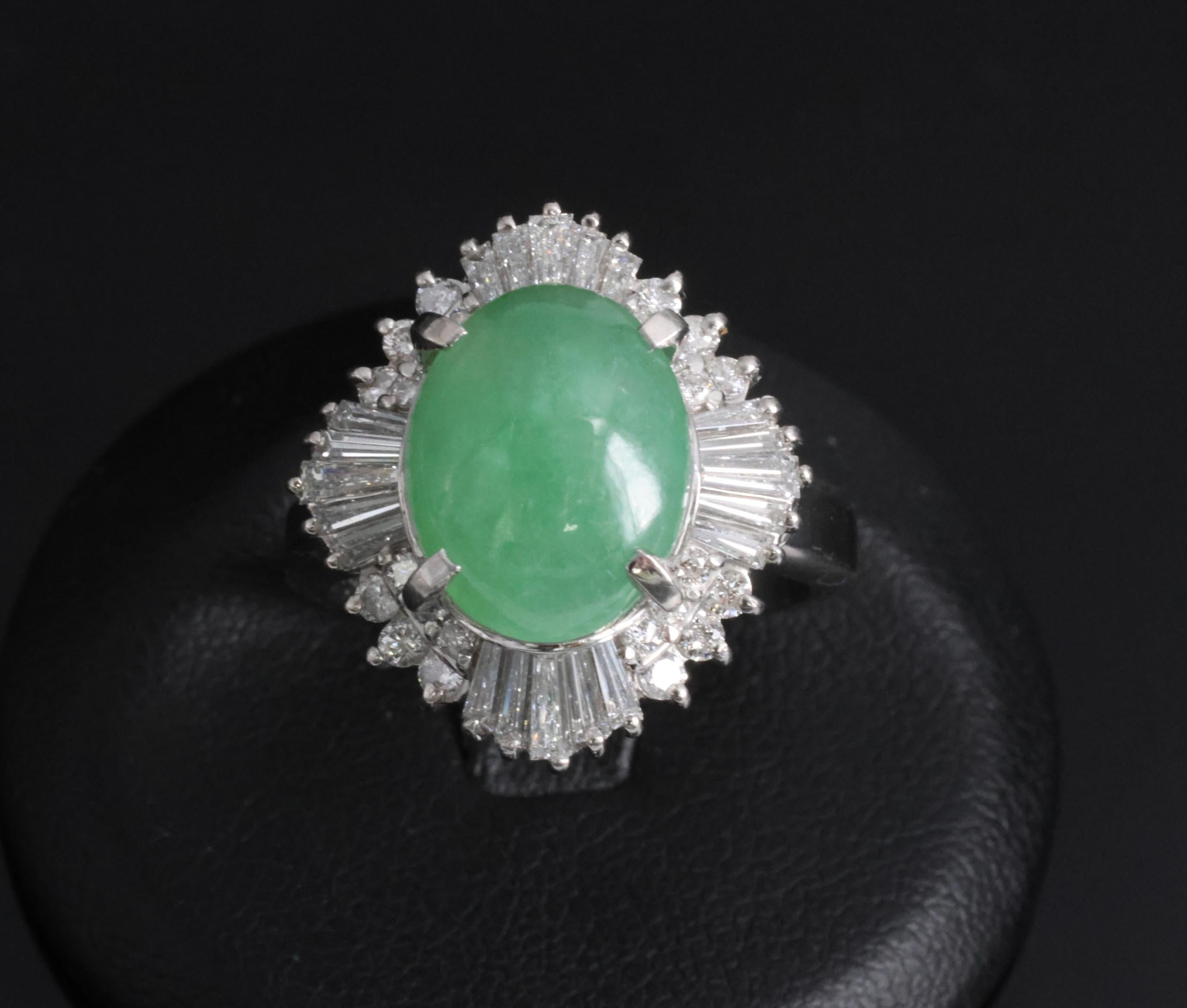 Fine 4.51ct Natural Jadeite Jade & 1.22ct Diamond Platinum Ring, Size 7