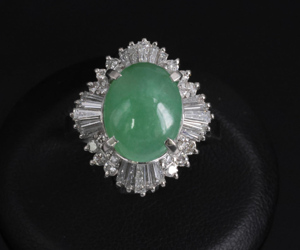 Fine 4.51ct Natural Jadeite Jade & 1.22ct Diamond Platinum Ring, Size 7