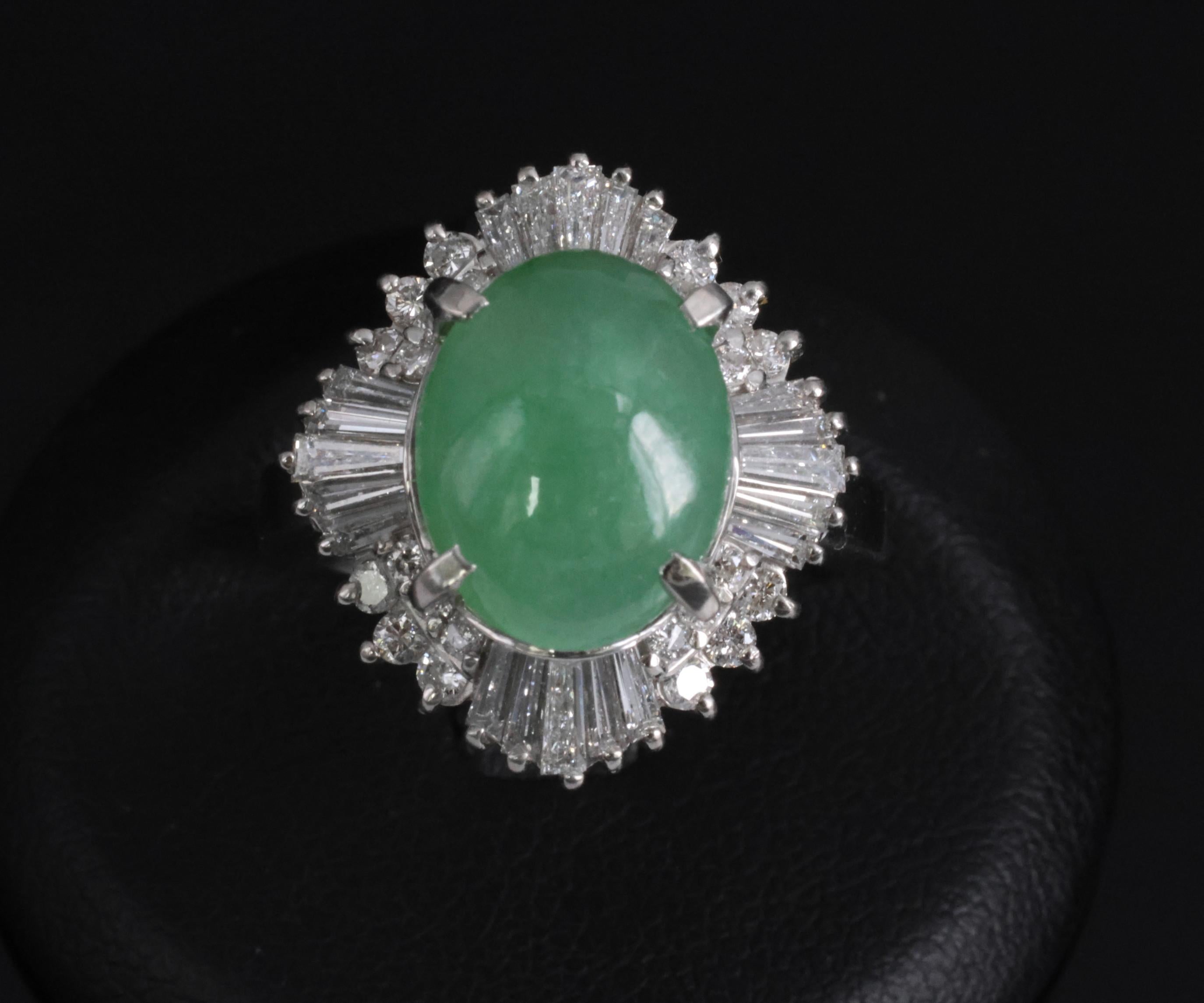 Fine 4.51ct Natural Jadeite Jade & 1.22ct Diamond Platinum Ring, Size 7