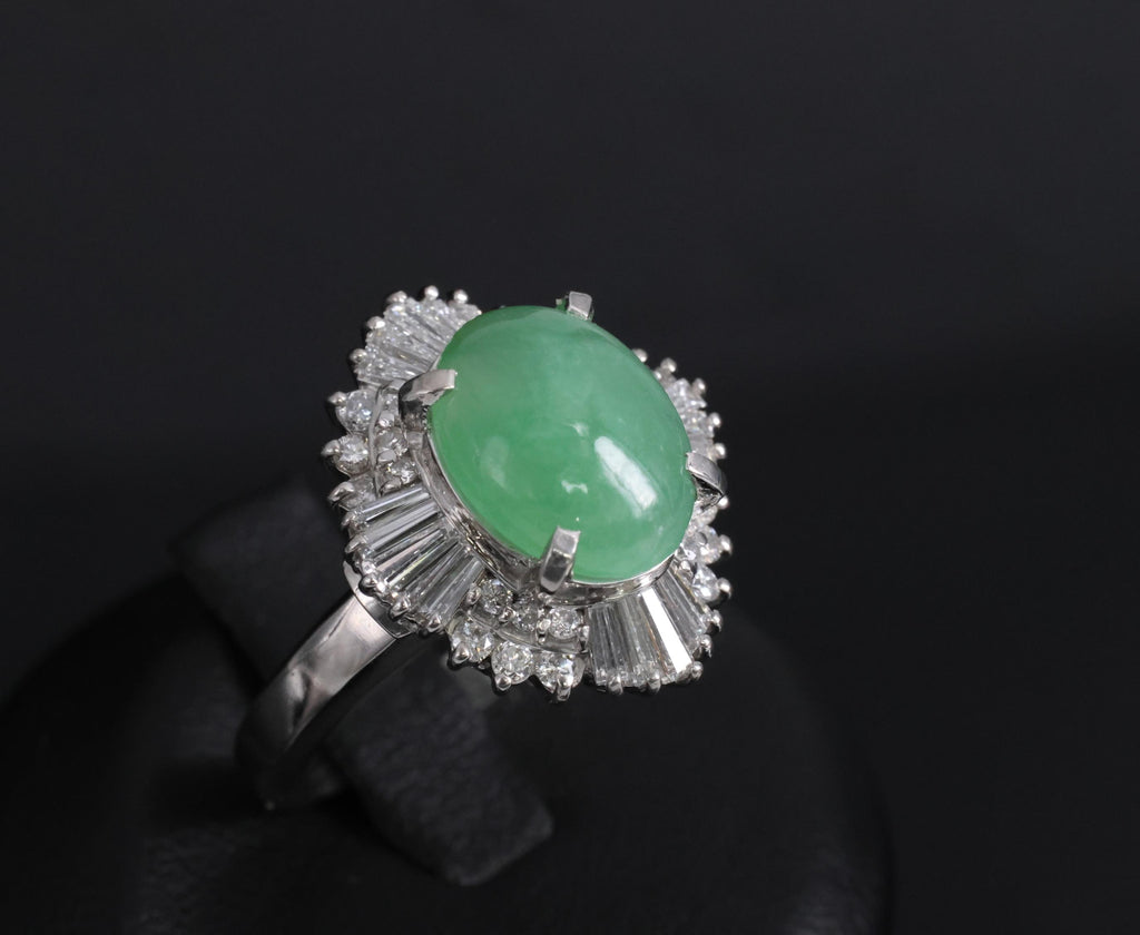 Fine 4.51ct Natural Jadeite Jade & 1.22ct Diamond Platinum Ring, Size 7