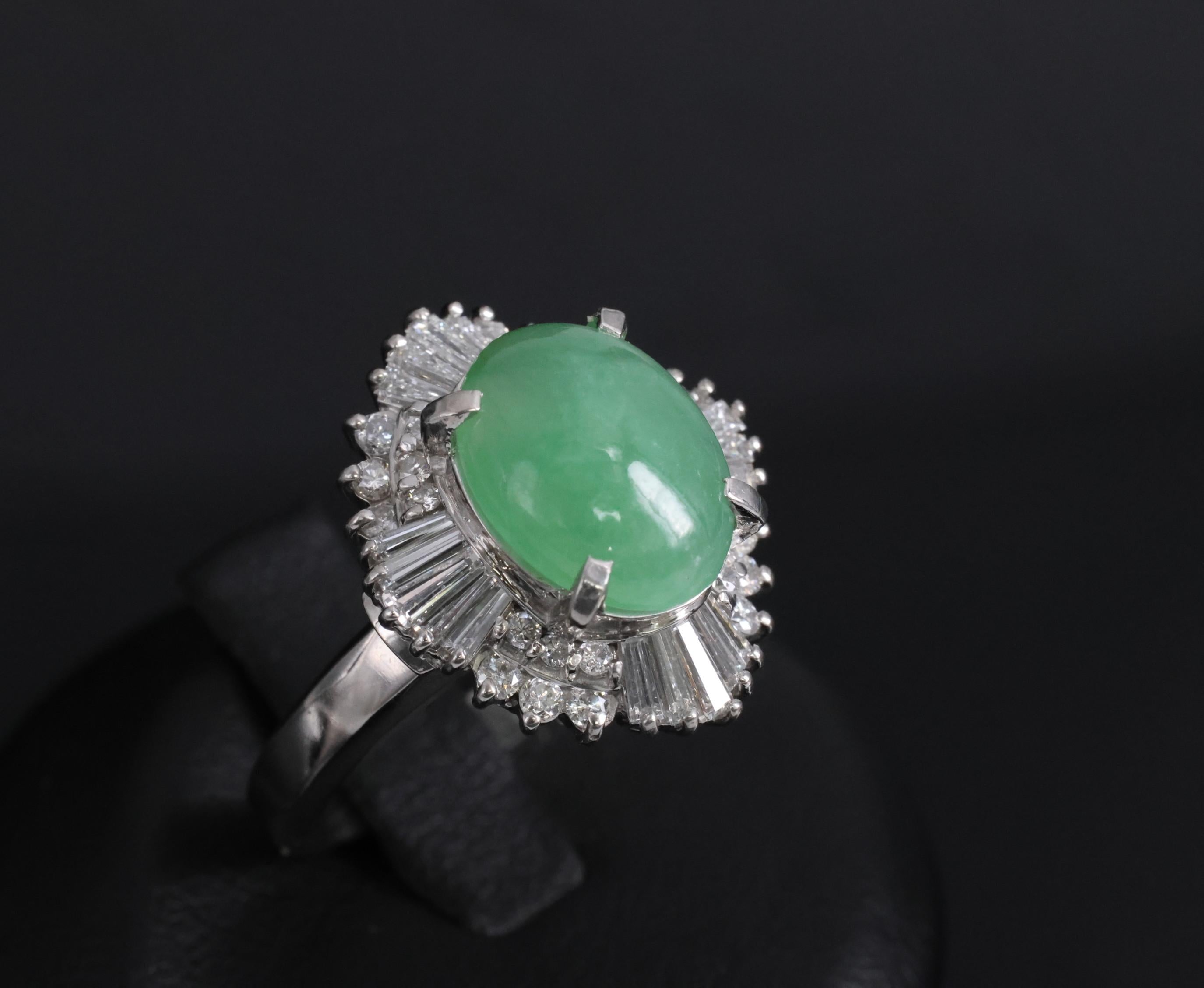 Fine 4.51ct Natural Jadeite Jade & 1.22ct Diamond Platinum Ring, Size 7