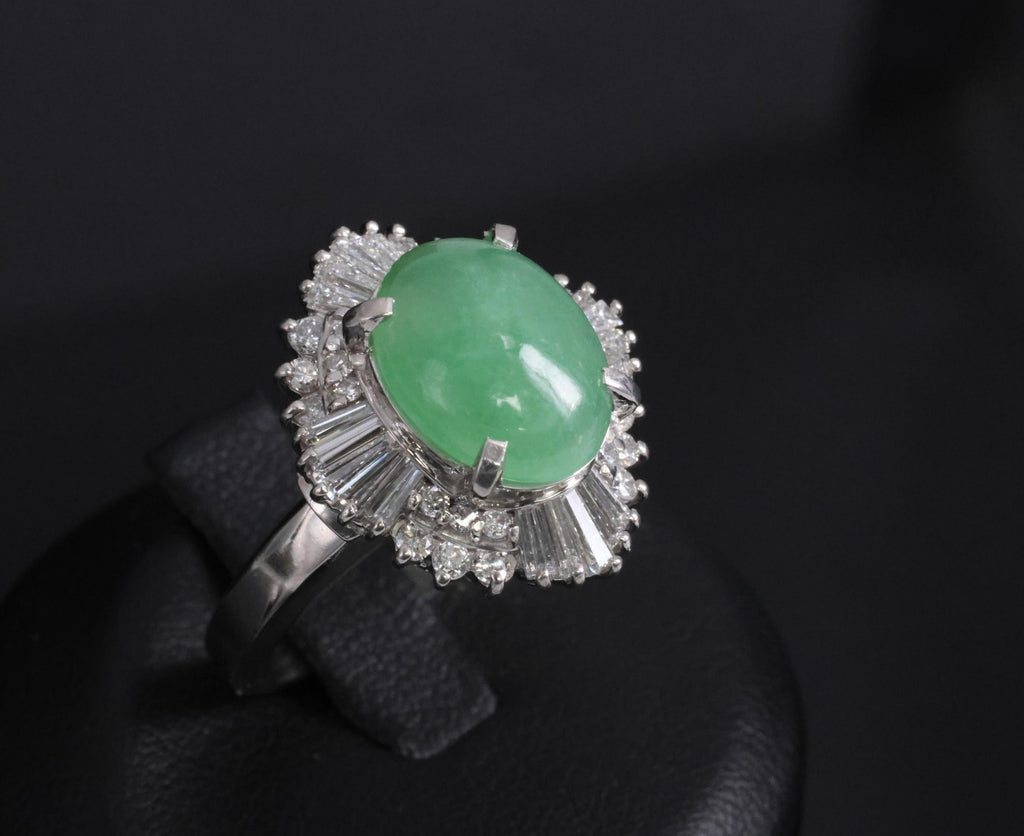 Fine 4.51ct Natural Jadeite Jade & 1.22ct Diamond Platinum Ring, Size 7
