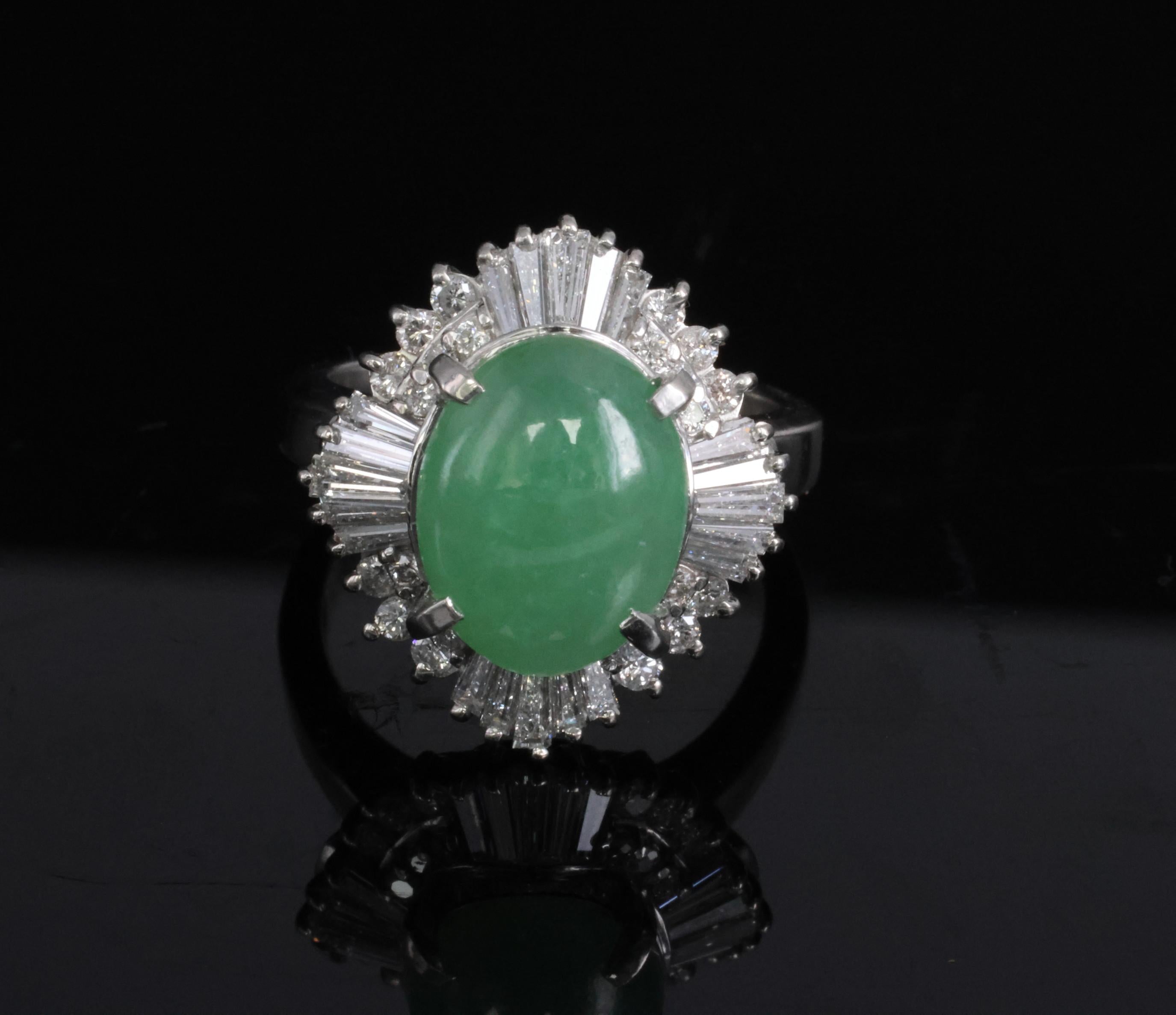 Fine 4.51ct Natural Jadeite Jade & 1.22ct Diamond Platinum Ring, Size 7