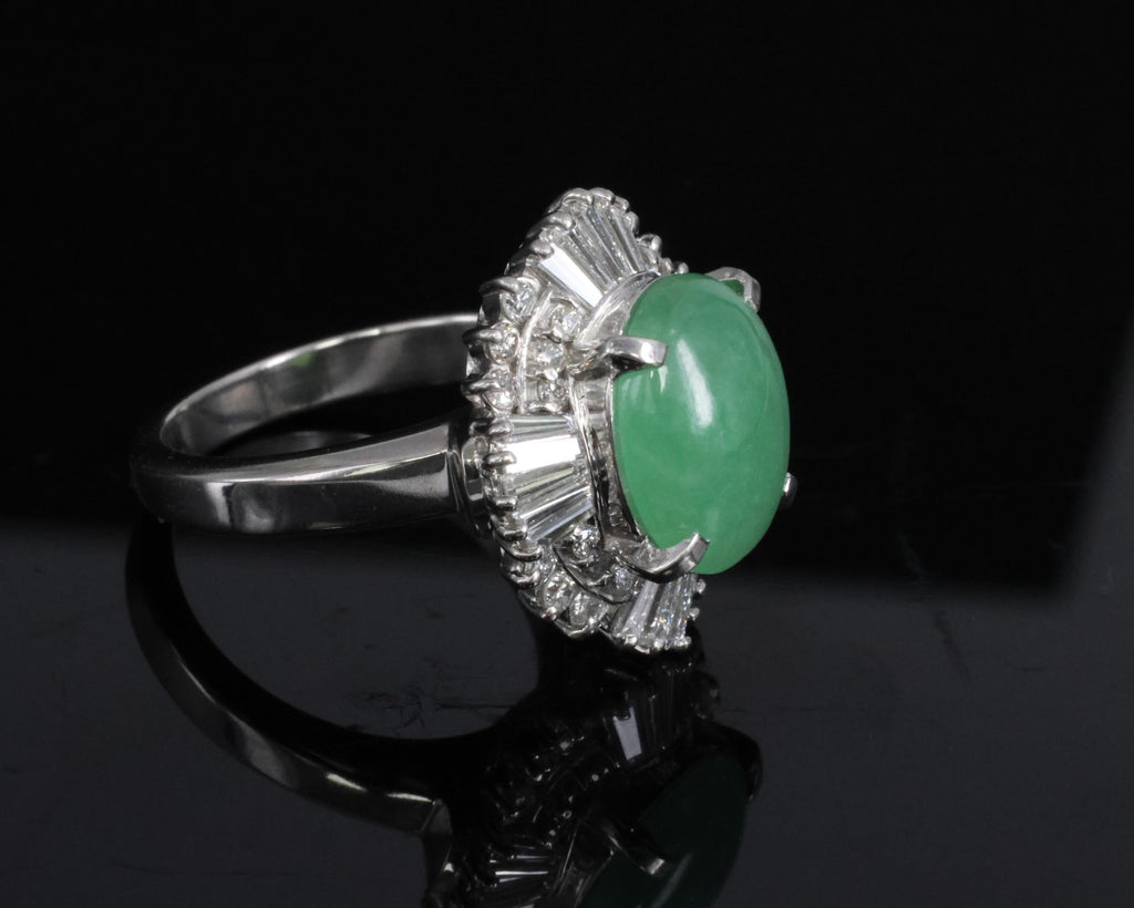 Fine 4.51ct Natural Jadeite Jade & 1.22ct Diamond Platinum Ring, Size 7