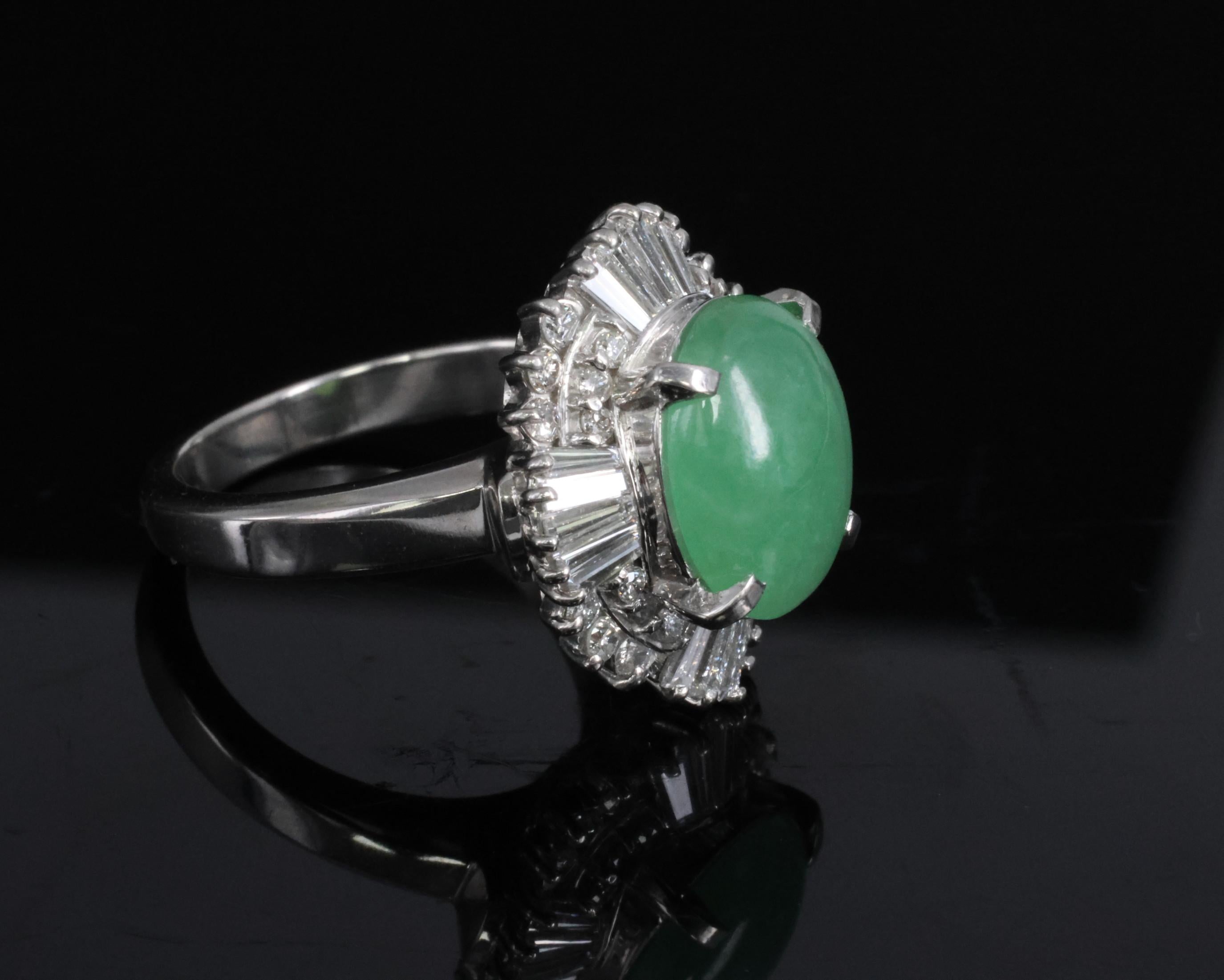 Fine 4.51ct Natural Jadeite Jade & 1.22ct Diamond Platinum Ring, Size 7