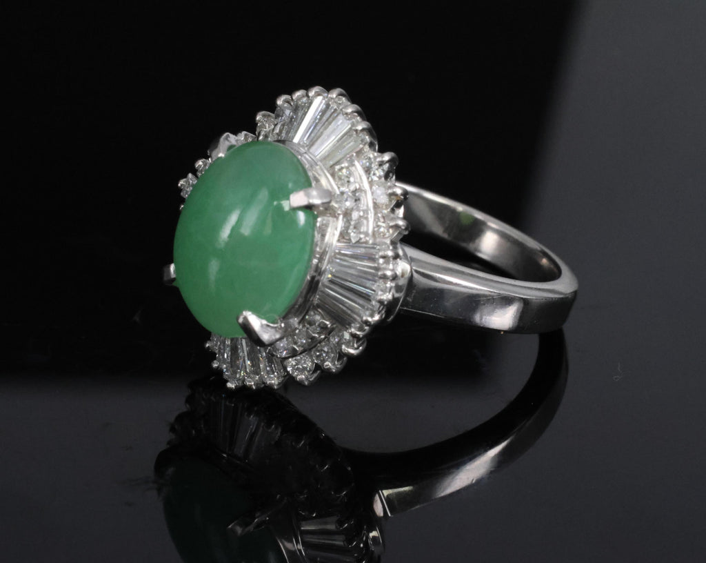 Fine 4.51ct Natural Jadeite Jade & 1.22ct Diamond Platinum Ring, Size 7