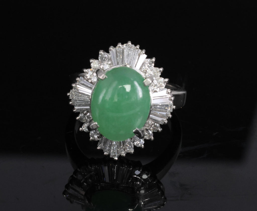 Fine 4.51ct Natural Jadeite Jade & 1.22ct Diamond Platinum Ring, Size 7
