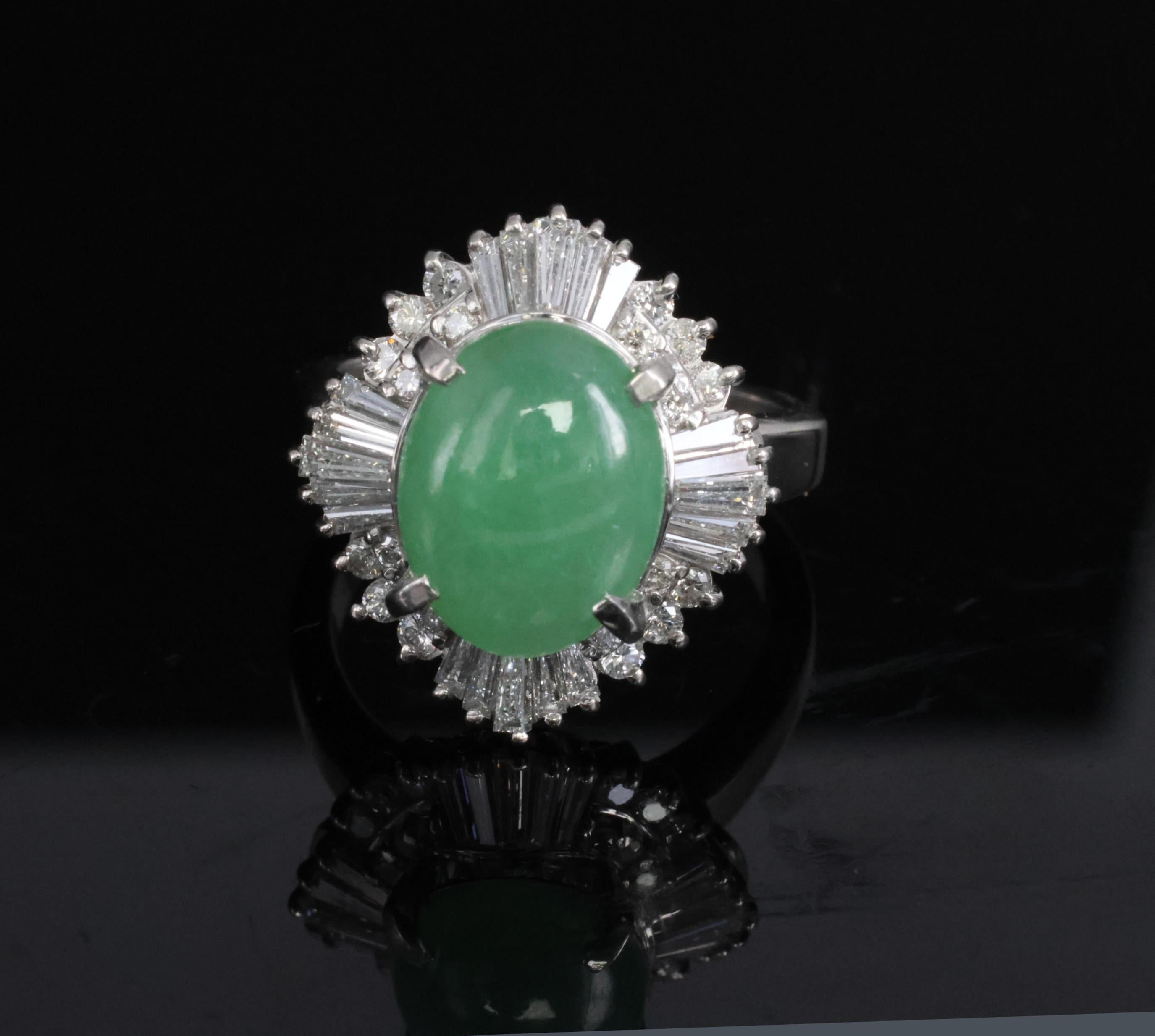 Fine 4.51ct Natural Jadeite Jade & 1.22ct Diamond Platinum Ring, Size 7