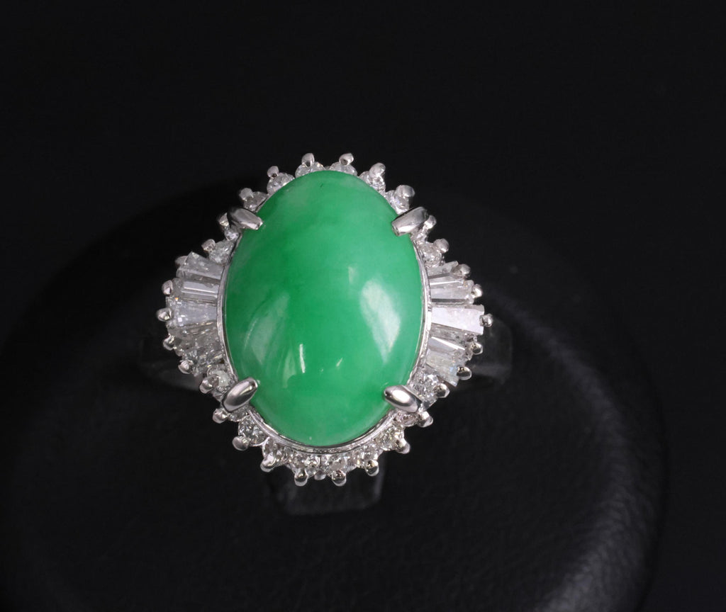5.22ct Natural Apple Green Jadeite Jade & 0.68ct Diamond Platinum Ring Size 8.75