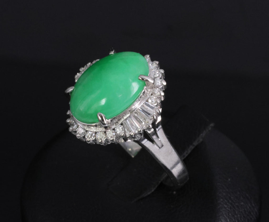 5.22ct Natural Apple Green Jadeite Jade & 0.68ct Diamond Platinum Ring Size 8.75