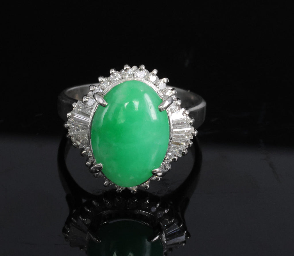 5.22ct Natural Apple Green Jadeite Jade & 0.68ct Diamond Platinum Ring Size 8.75