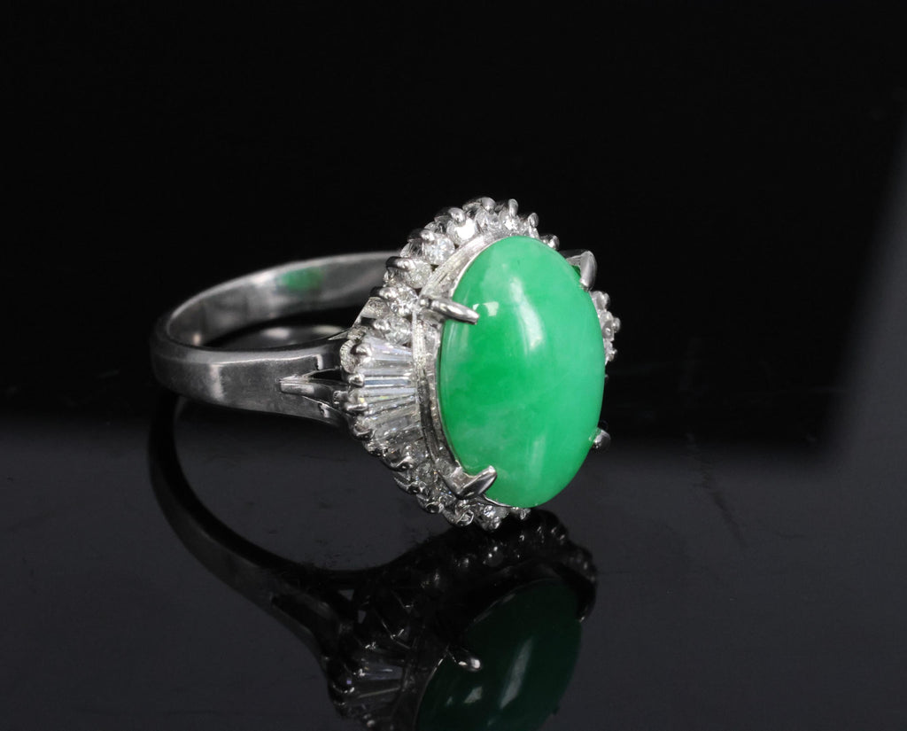 5.22ct Natural Apple Green Jadeite Jade & 0.68ct Diamond Platinum Ring Size 8.75