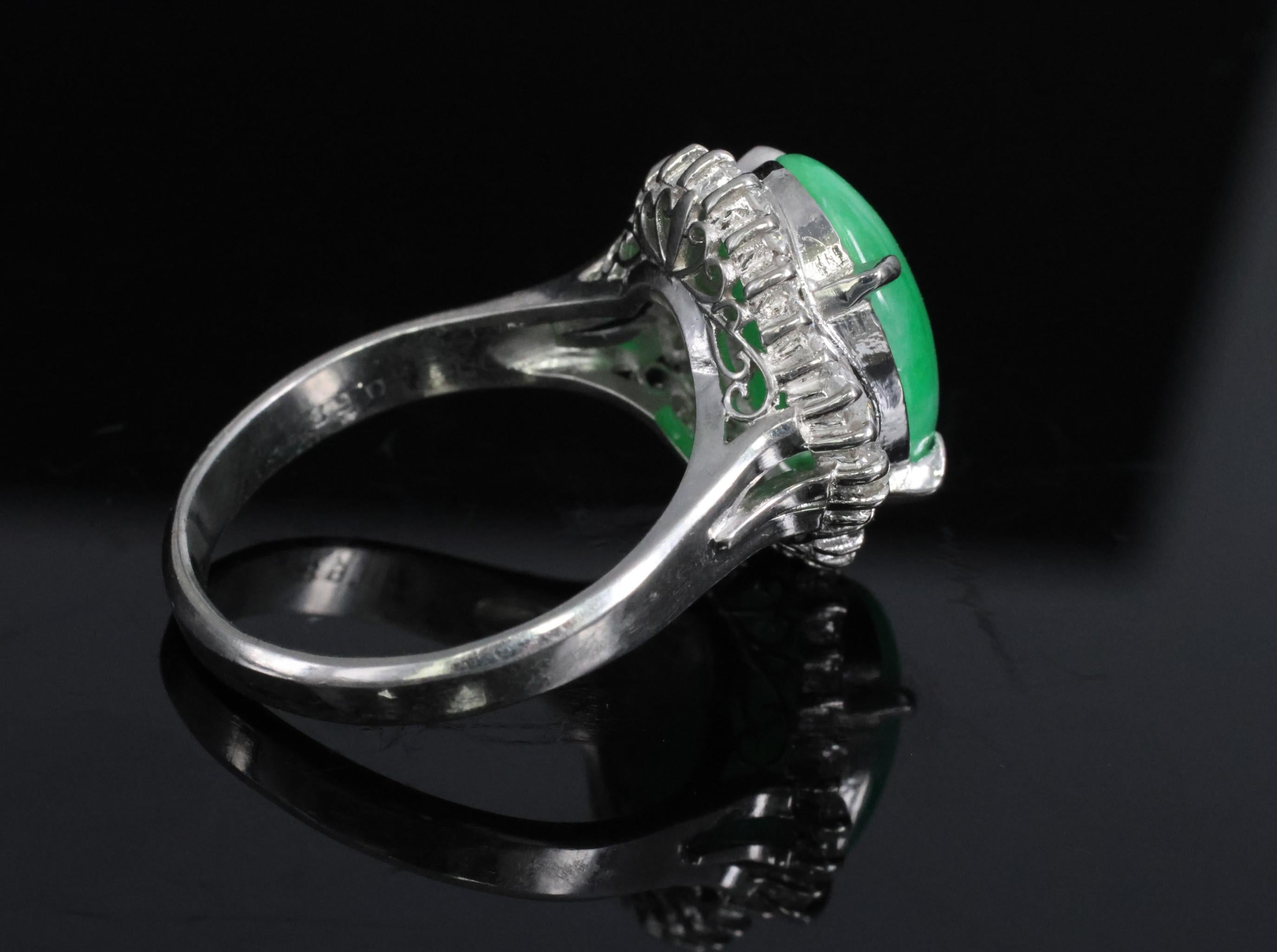 5.22ct Natural Apple Green Jadeite Jade & 0.68ct Diamond Platinum Ring Size 8.75