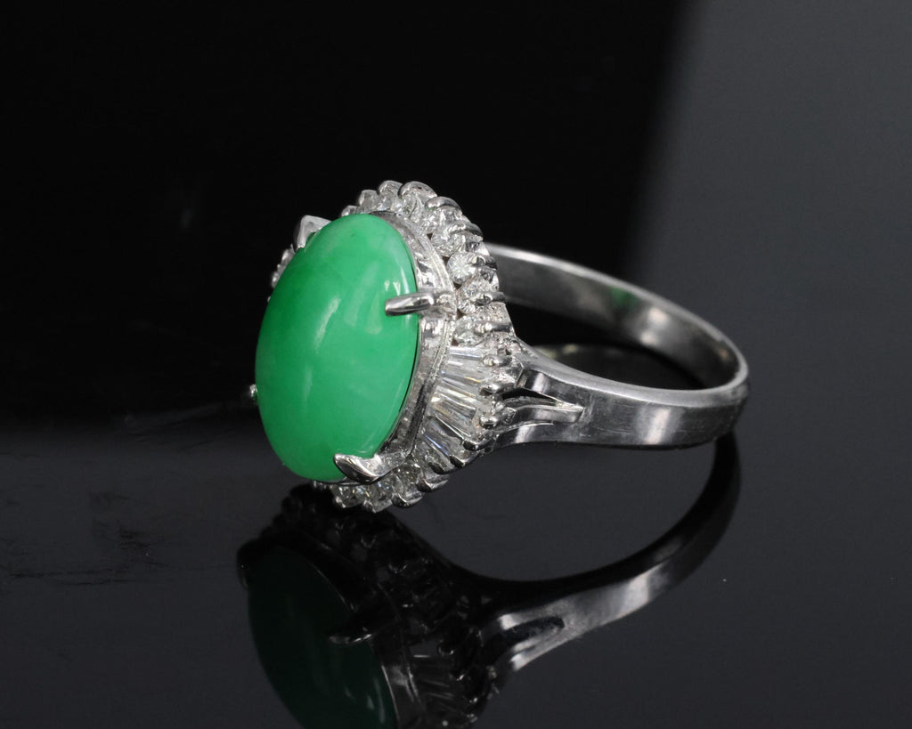 5.22ct Natural Apple Green Jadeite Jade & 0.68ct Diamond Platinum Ring Size 8.75
