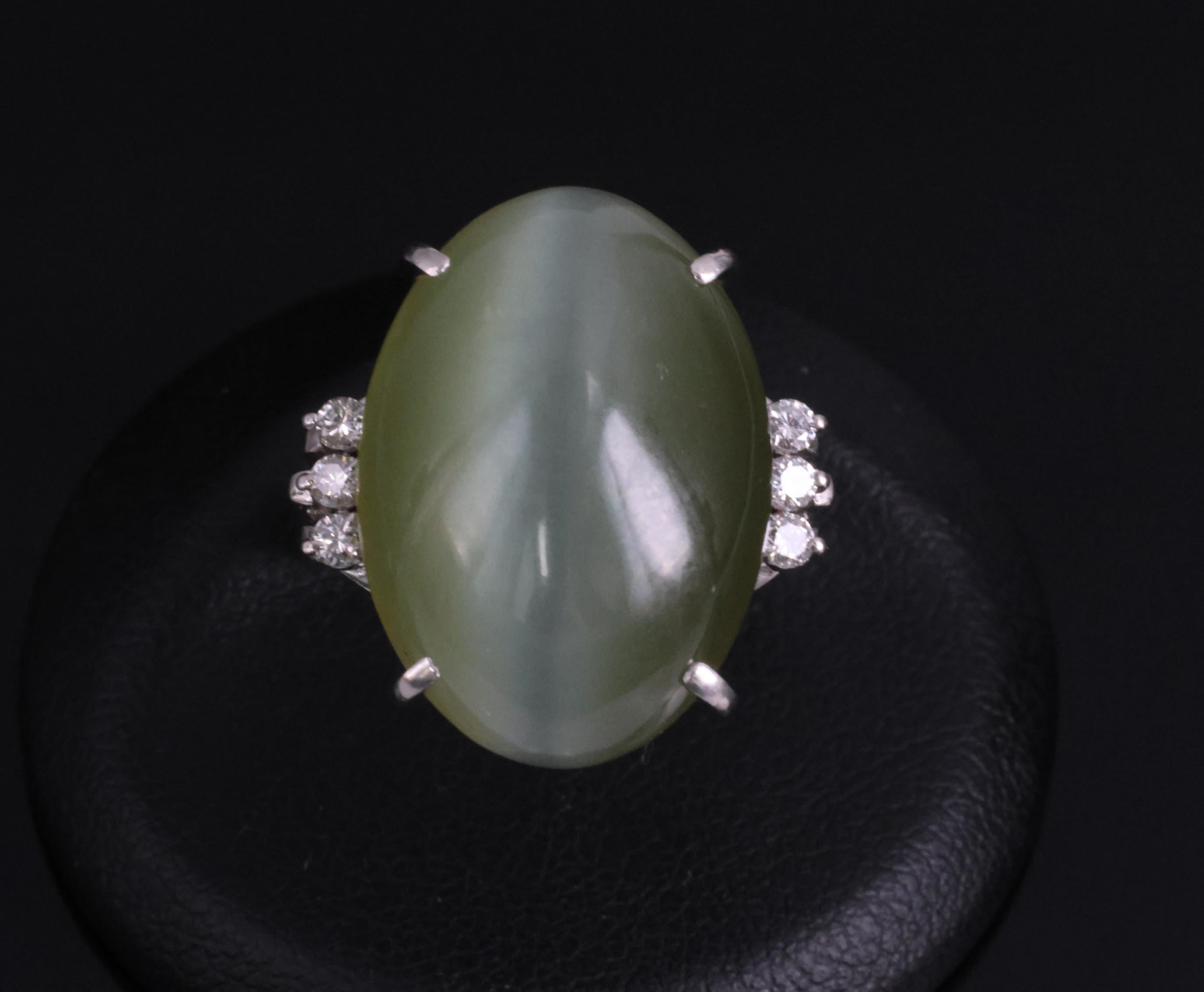15.84ct Nephrite Jade Cat's Eye & 0.17ct Diamond Platinum Ring, Size 6.75