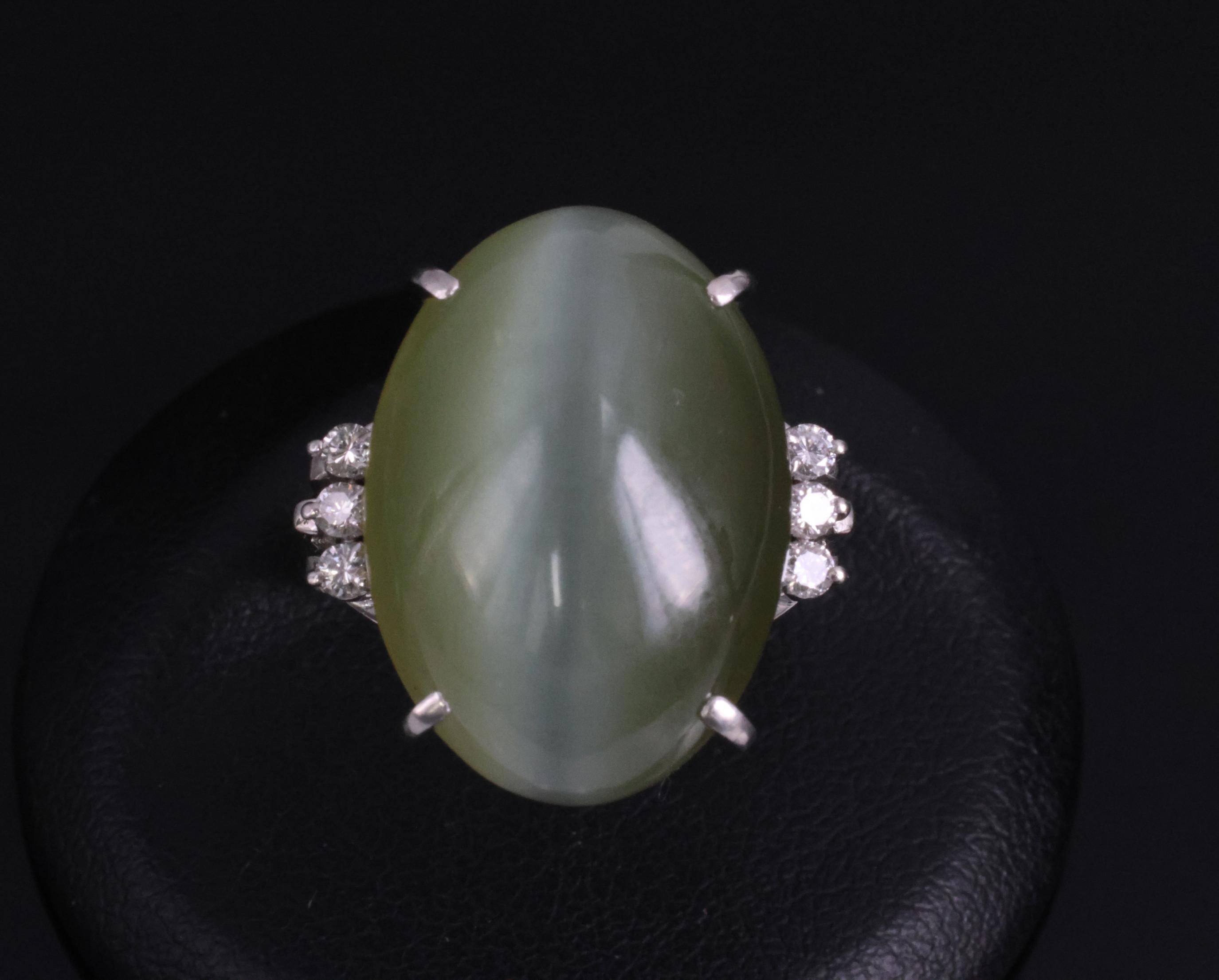 15.84ct Nephrite Jade Cat's Eye & 0.17ct Diamond Platinum Ring, Size 6.75