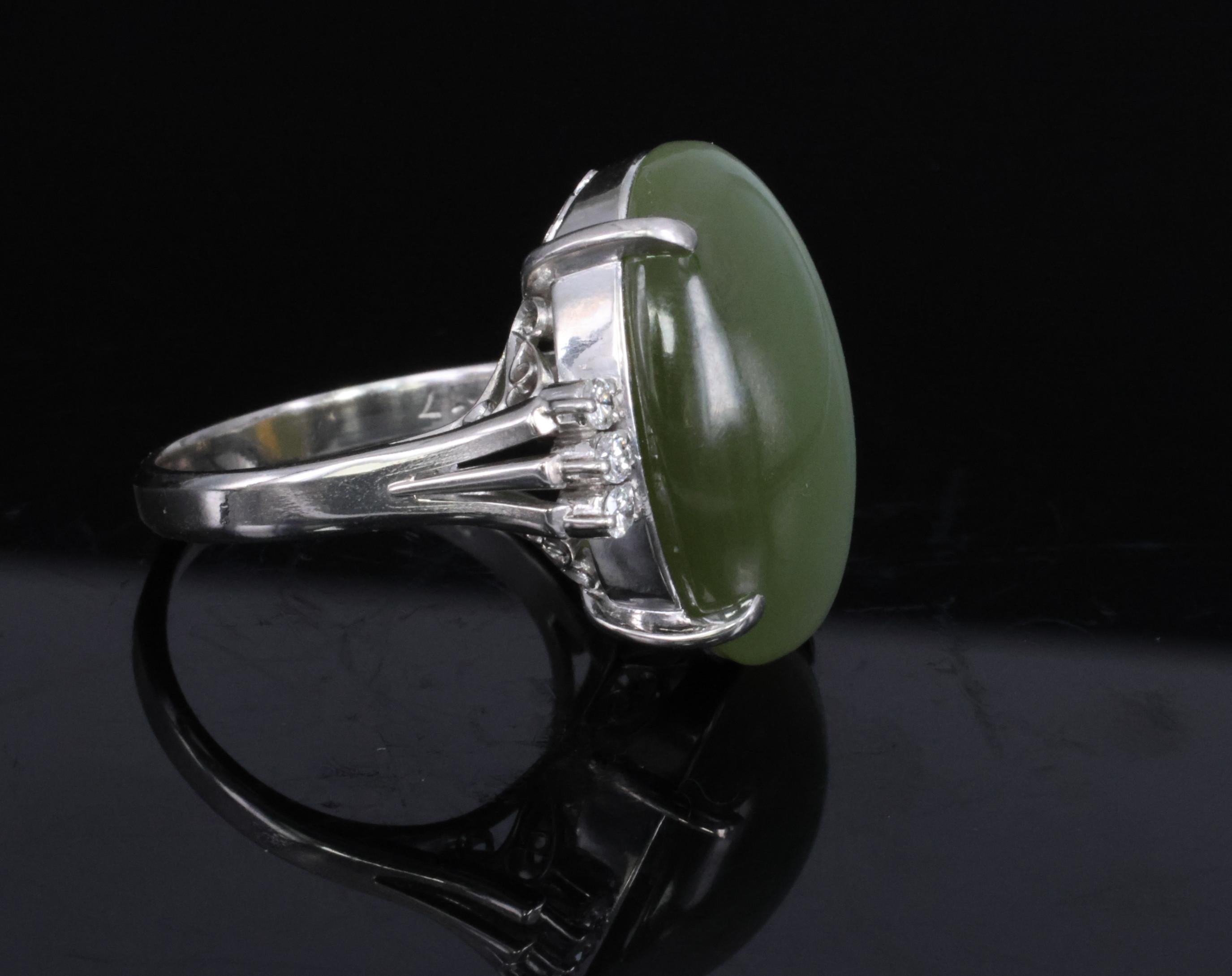 15.84ct Nephrite Jade Cat's Eye & 0.17ct Diamond Platinum Ring, Size 6.75