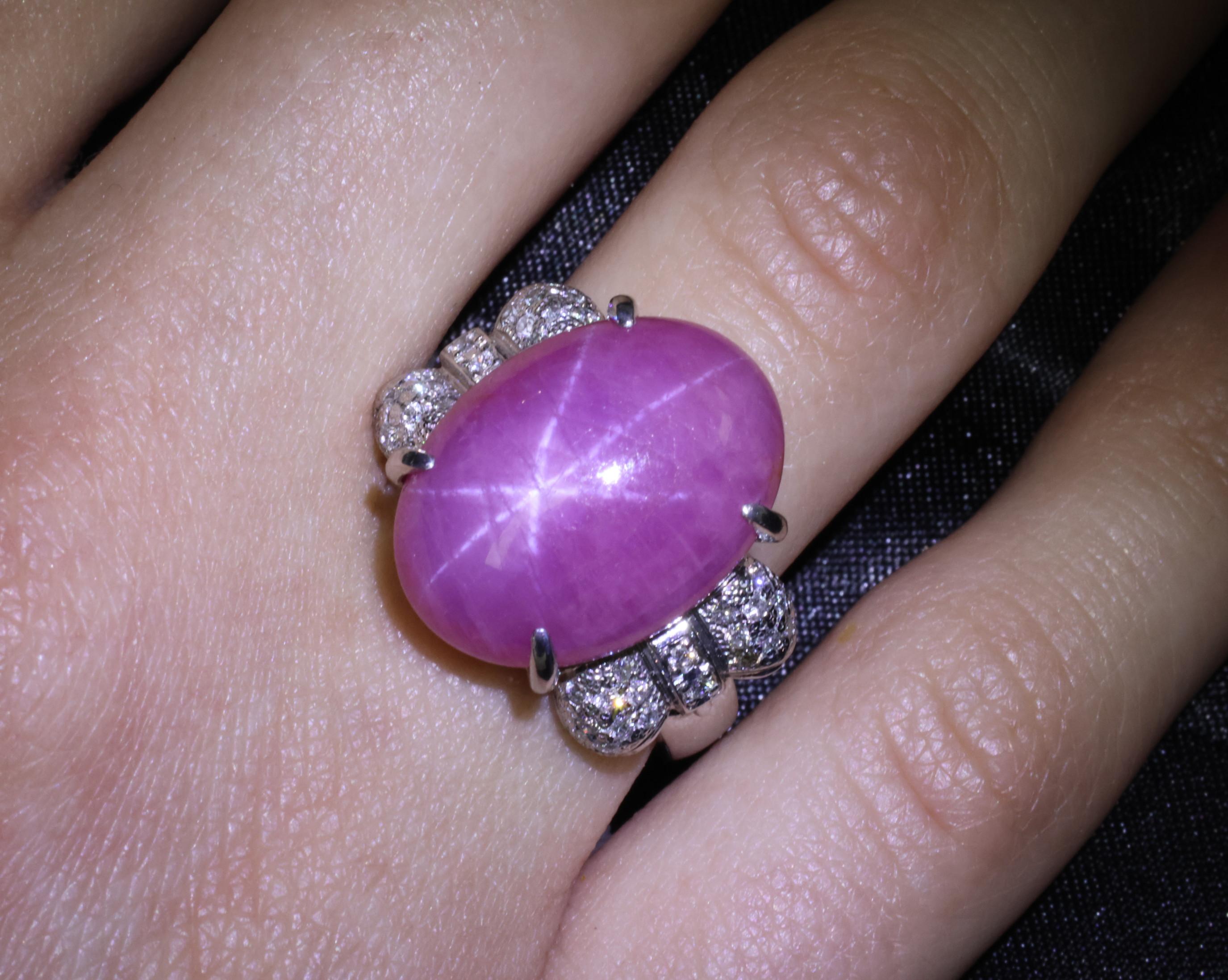 Rare 21.42ct Natural Pink Star Sapphire & 0.32ct Diamond Platinum Ring, Size 8.5