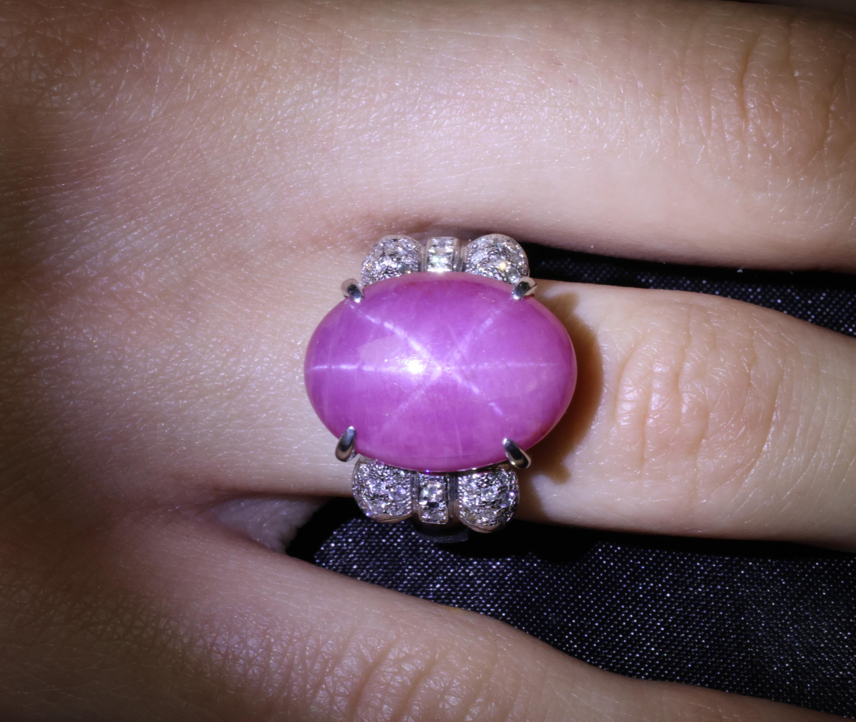 Rare 21.42ct Natural Pink Star Sapphire & 0.32ct Diamond Platinum Ring, Size 8.5