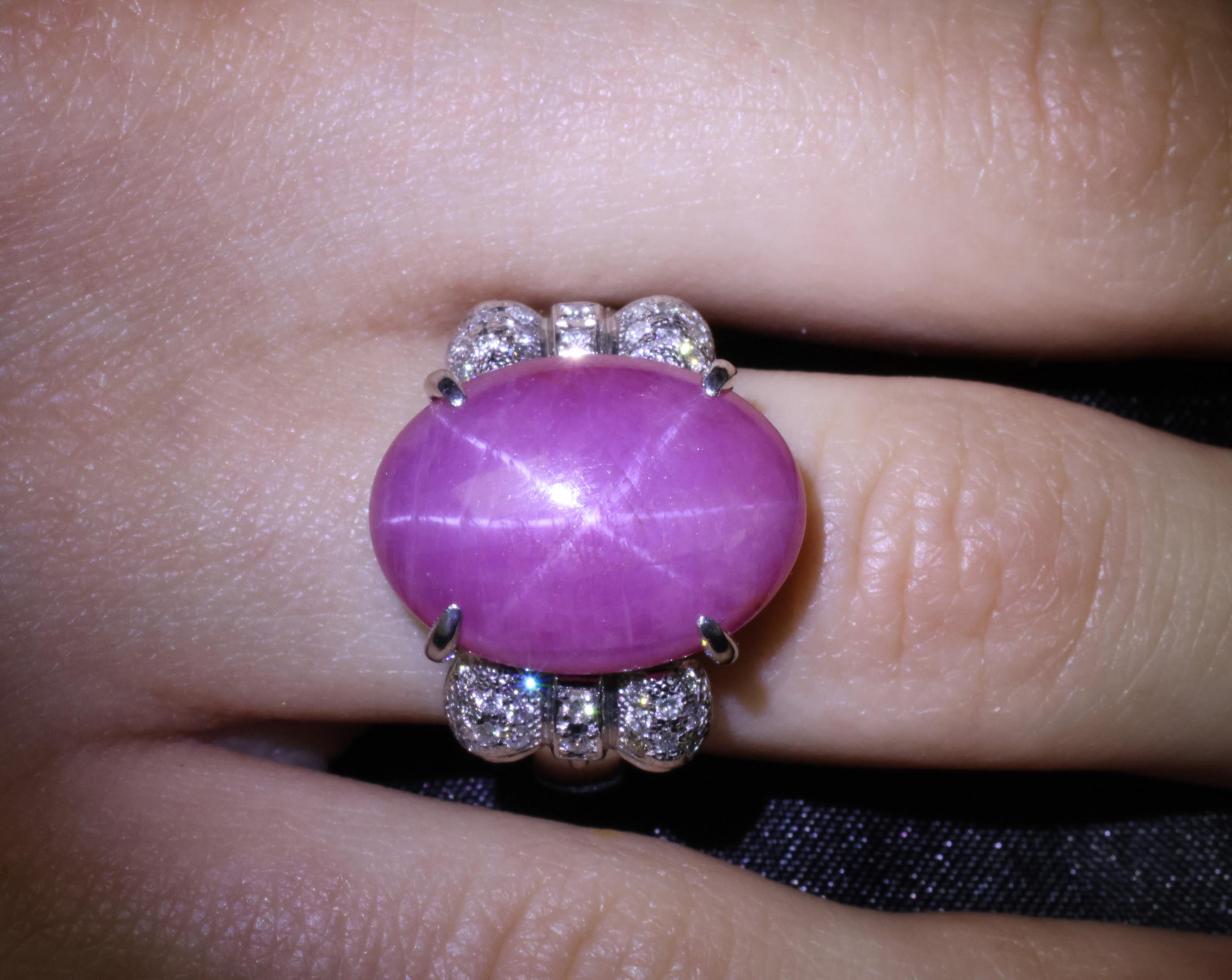 Rare 21.42ct Natural Pink Star Sapphire & 0.32ct Diamond Platinum Ring, Size 8.5