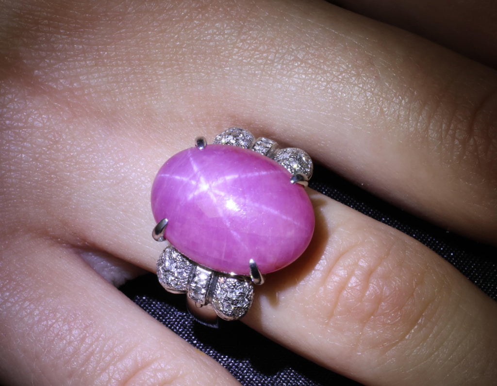 Rare 21.42ct Natural Pink Star Sapphire & 0.32ct Diamond Platinum Ring, Size 8.5