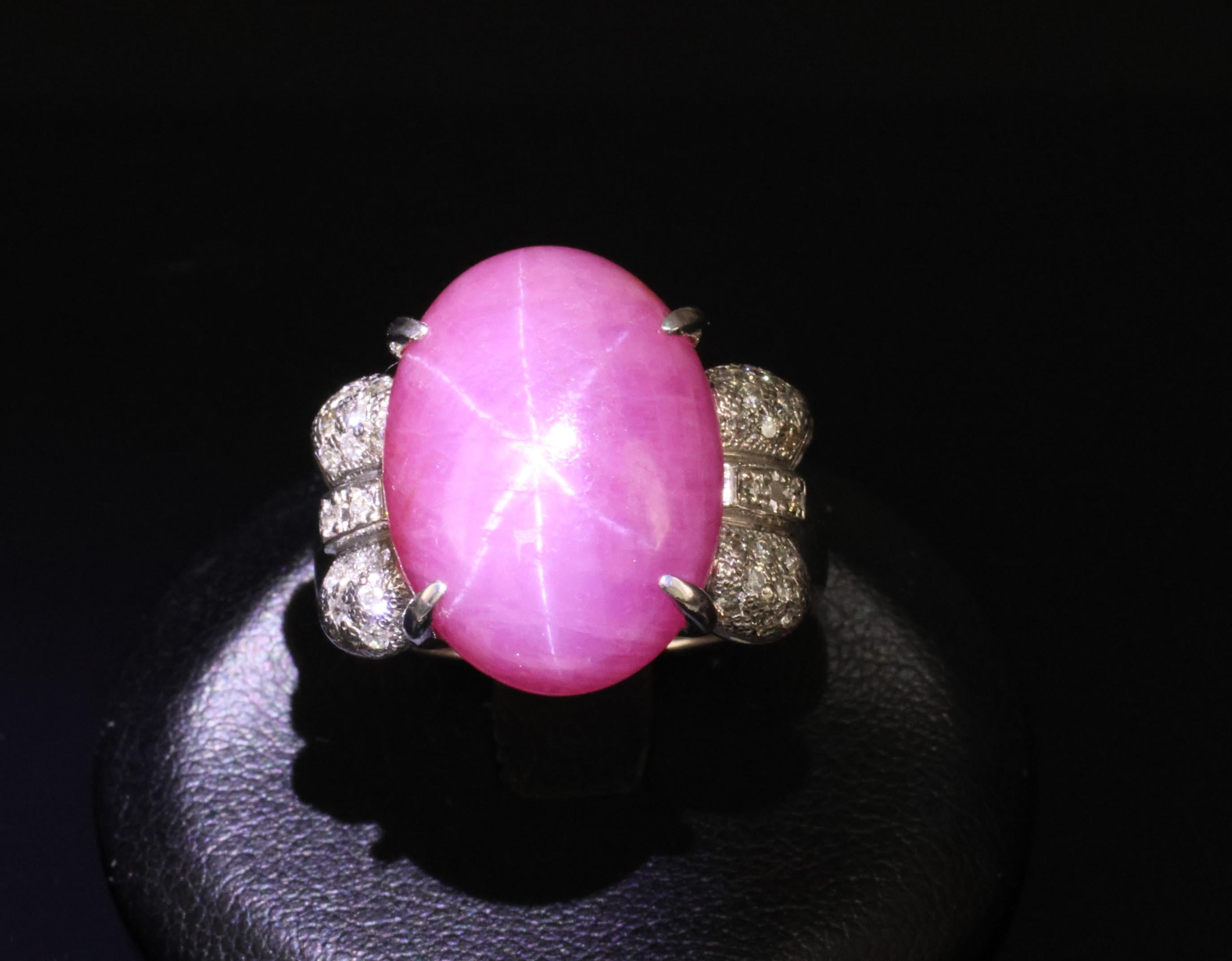 Rare 21.42ct Natural Pink Star Sapphire & 0.32ct Diamond Platinum Ring, Size 8.5