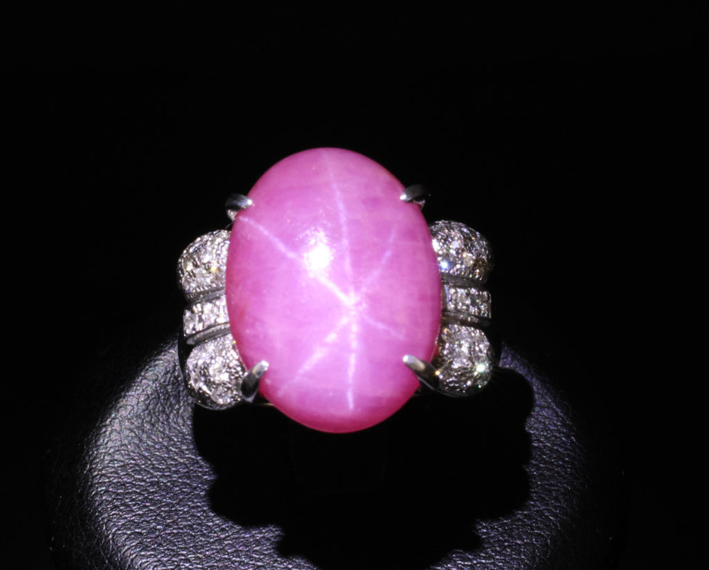 Rare 21.42ct Natural Pink Star Sapphire & 0.32ct Diamond Platinum Ring, Size 8.5