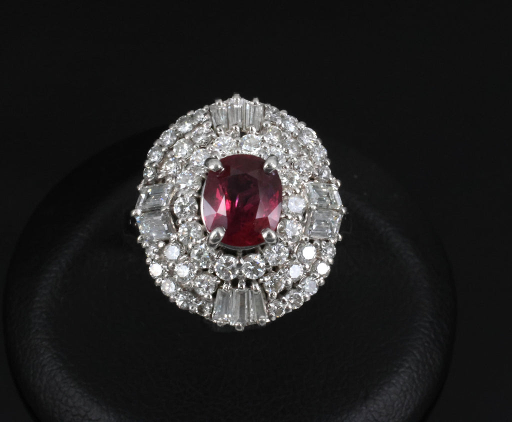 Fine 1.51ct GIA Intense Red Ruby & 1.84ct Diamond Platinum Ring, Size 6.5