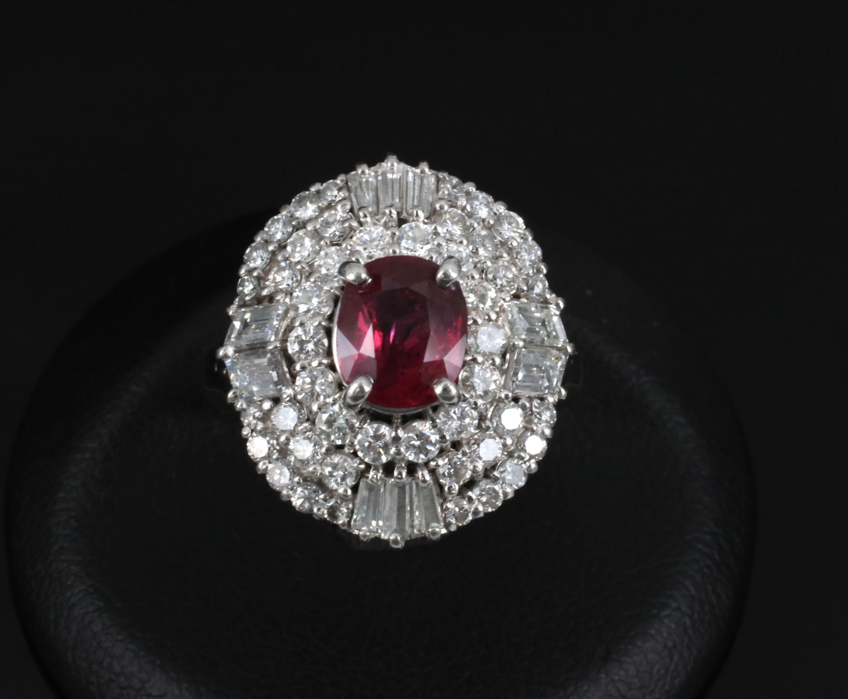 Fine 1.51ct GIA Intense Red Ruby & 1.84ct Diamond Platinum Ring, Size 6.5