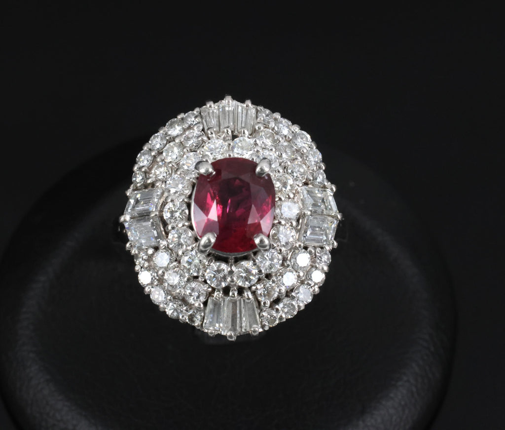 Fine 1.51ct GIA Intense Red Ruby & 1.84ct Diamond Platinum Ring, Size 6.5