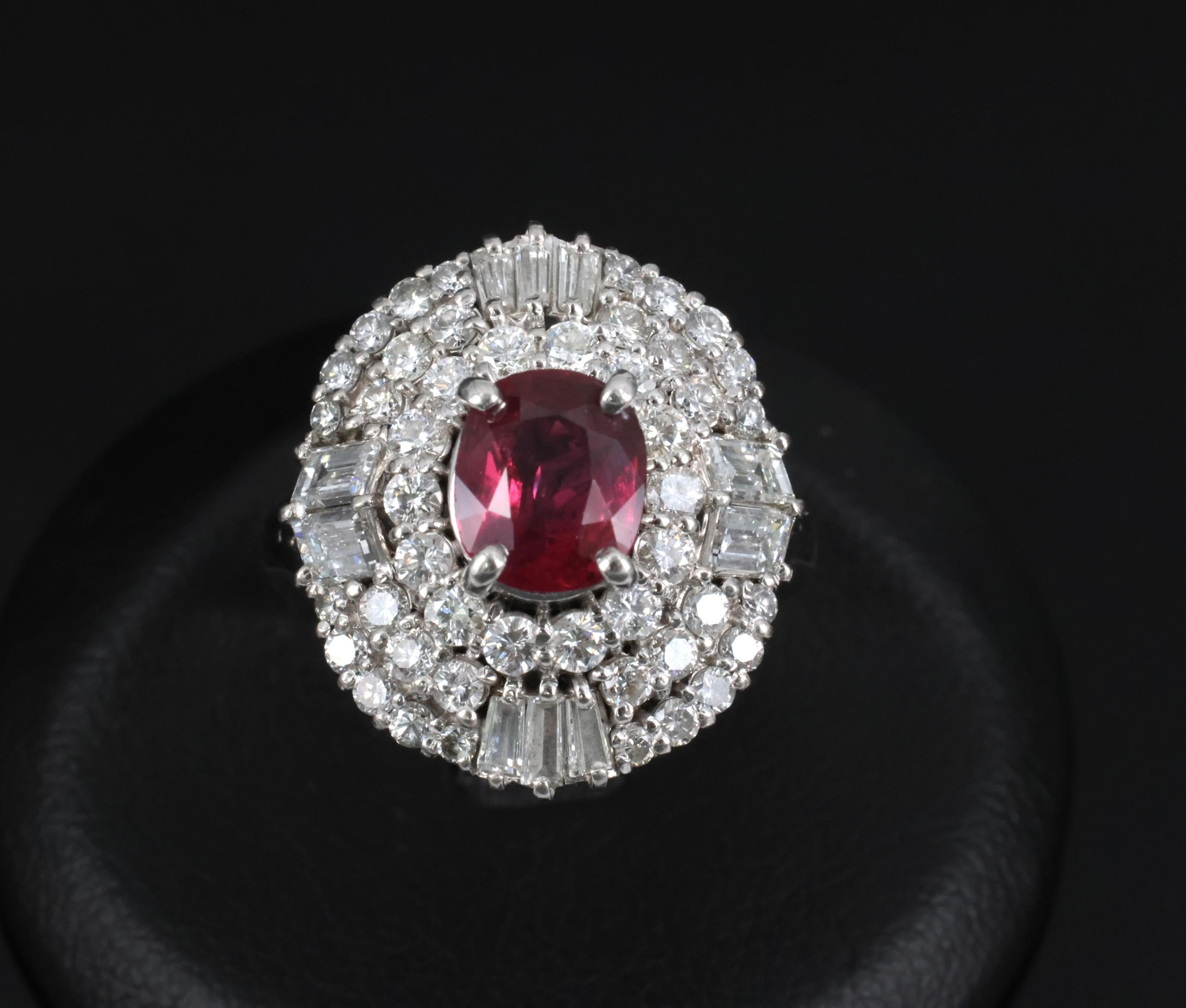 Fine 1.51ct GIA Intense Red Ruby & 1.84ct Diamond Platinum Ring, Size 6.5