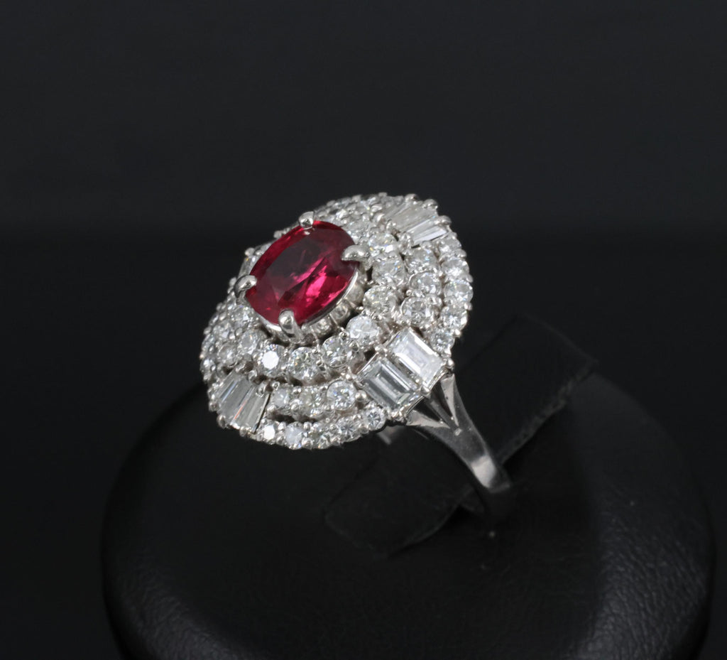 Fine 1.51ct GIA Intense Red Ruby & 1.84ct Diamond Platinum Ring, Size 6.5