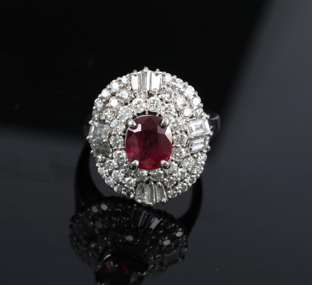 Fine 1.51ct GIA Intense Red Ruby & 1.84ct Diamond Platinum Ring, Size 6.5