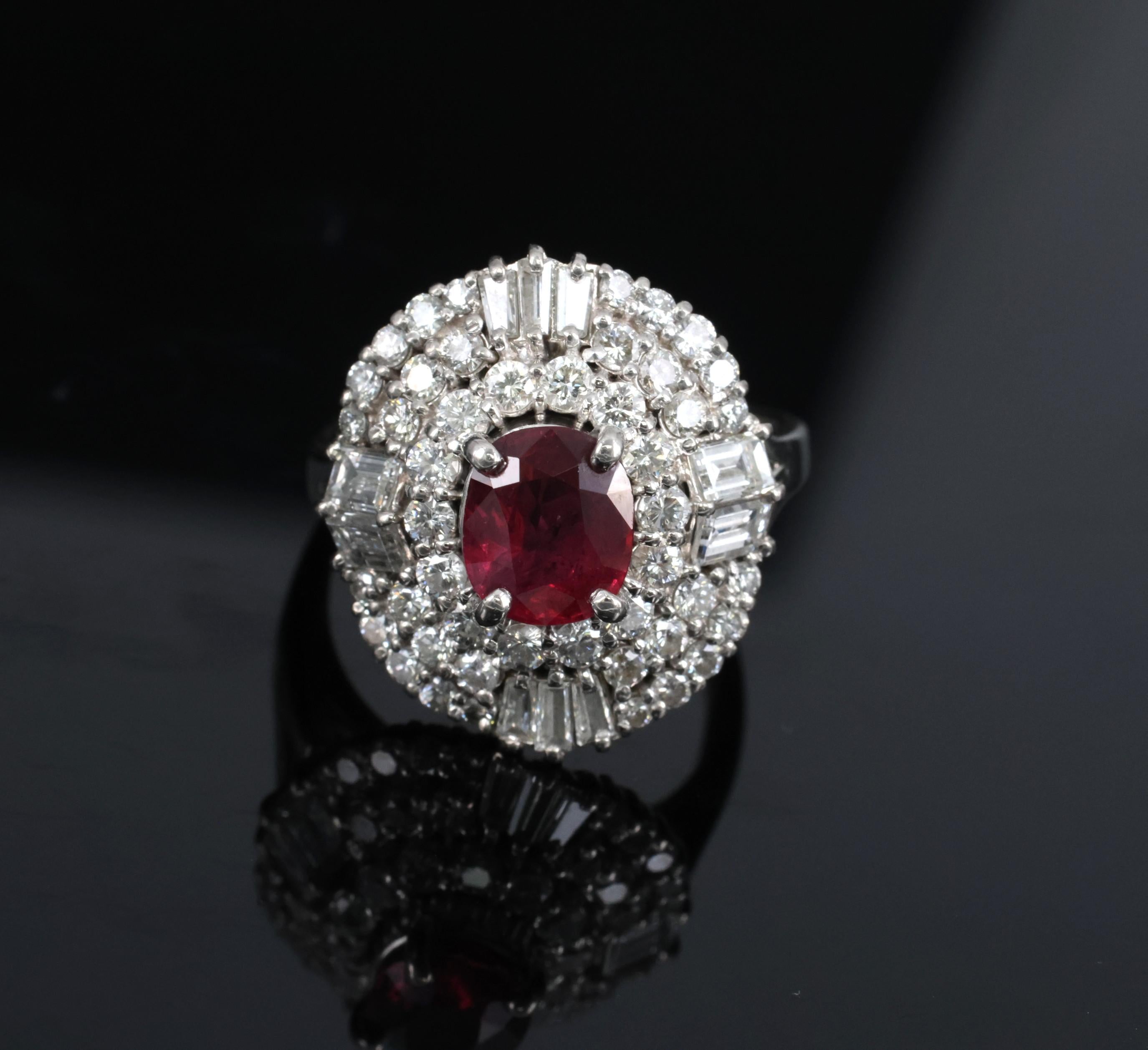 Fine 1.51ct GIA Intense Red Ruby & 1.84ct Diamond Platinum Ring, Size 6.5