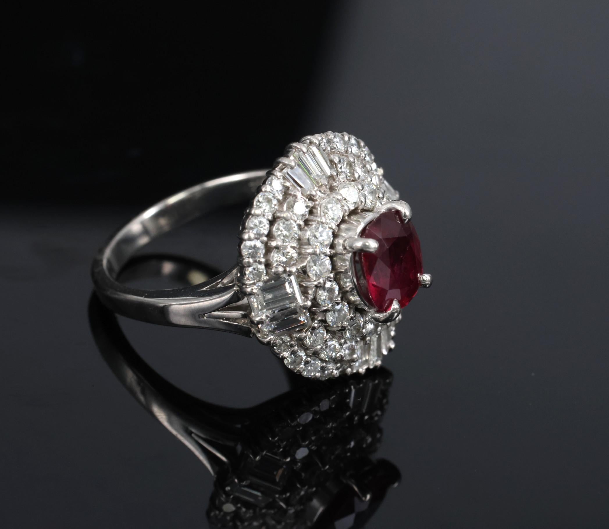 Fine 1.51ct GIA Intense Red Ruby & 1.84ct Diamond Platinum Ring, Size 6.5
