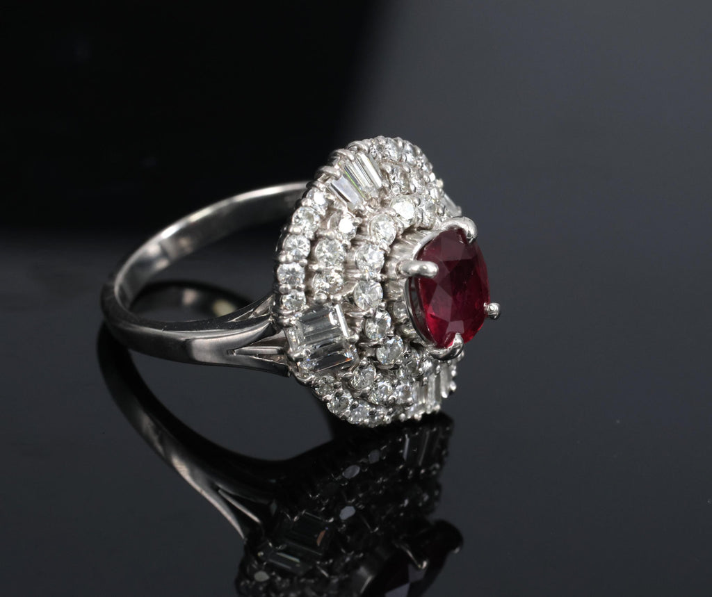 Fine 1.51ct GIA Intense Red Ruby & 1.84ct Diamond Platinum Ring, Size 6.5