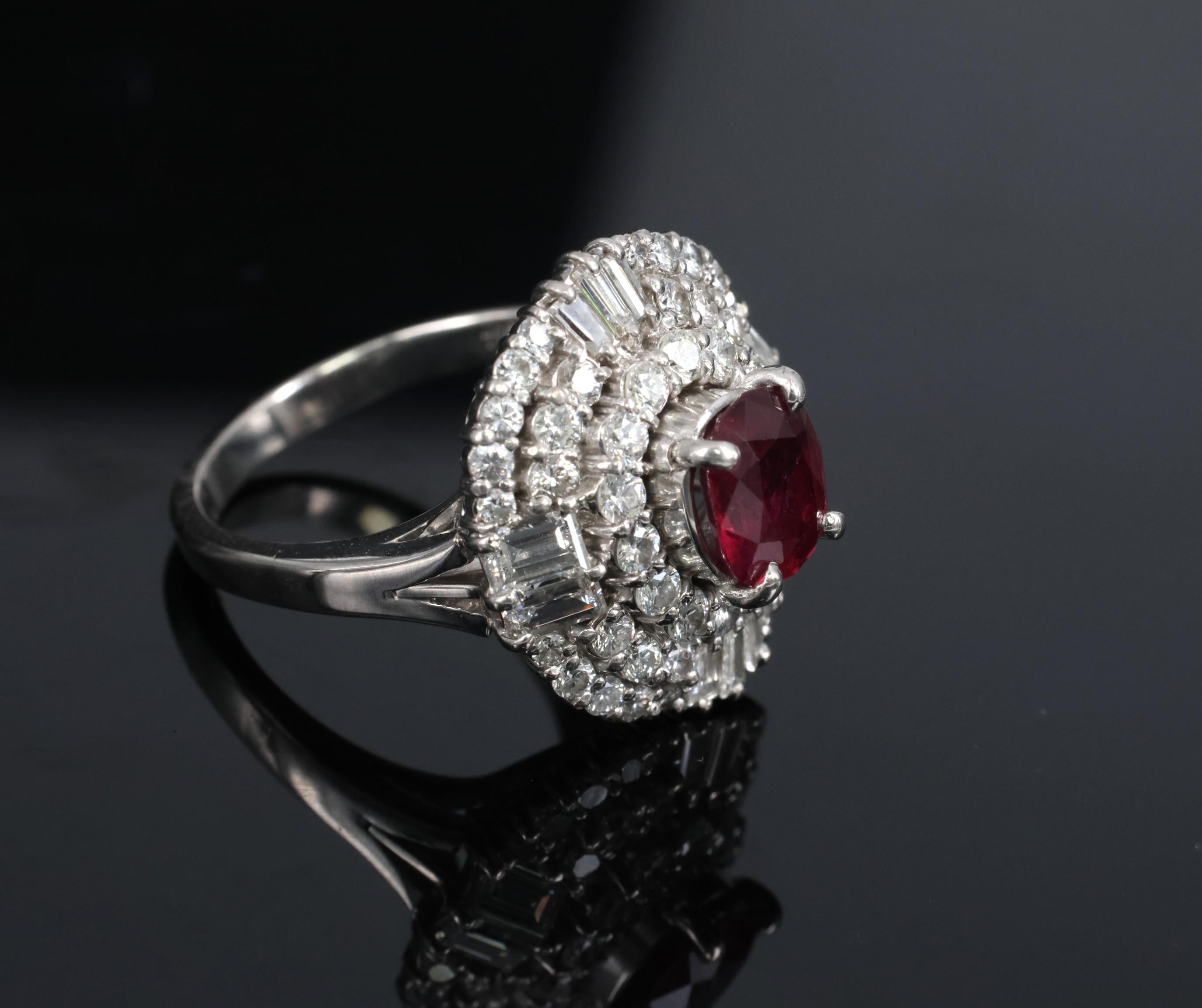 Fine 1.51ct GIA Intense Red Ruby & 1.84ct Diamond Platinum Ring, Size 6.5