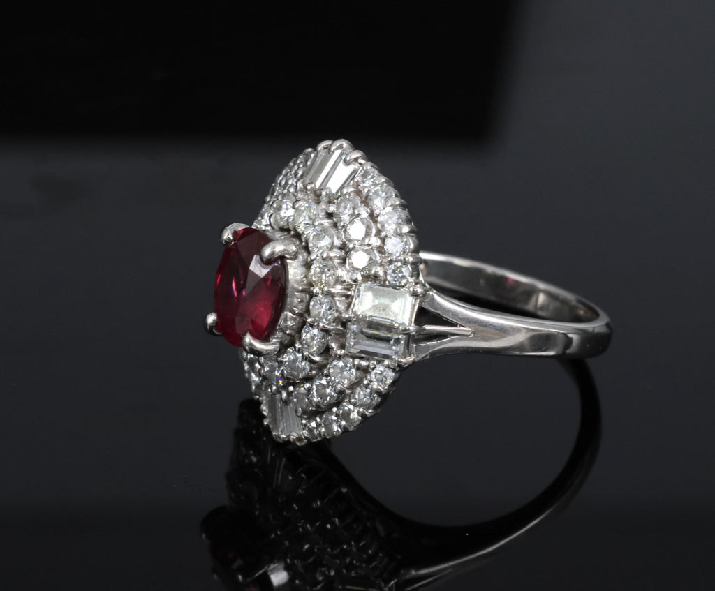 Fine 1.51ct GIA Intense Red Ruby & 1.84ct Diamond Platinum Ring, Size 6.5
