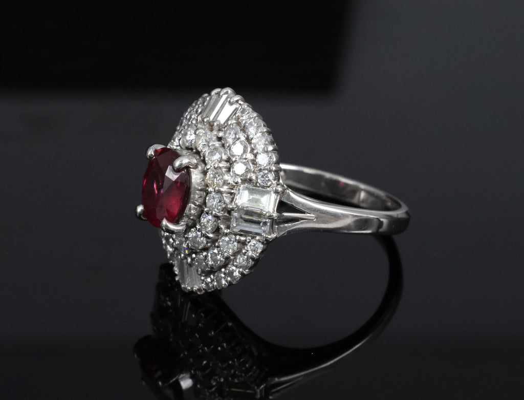 Fine 1.51ct GIA Intense Red Ruby & 1.84ct Diamond Platinum Ring, Size 6.5