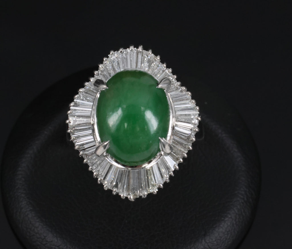 Vintage 6.92ct Natural Jadeite Jade & 1.57ct Diamond Platinum Ring, Size 7.75
