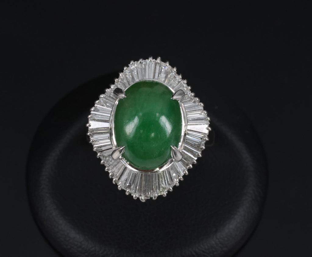 Vintage 6.92ct Natural Jadeite Jade & 1.57ct Diamond Platinum Ring, Size 7.75