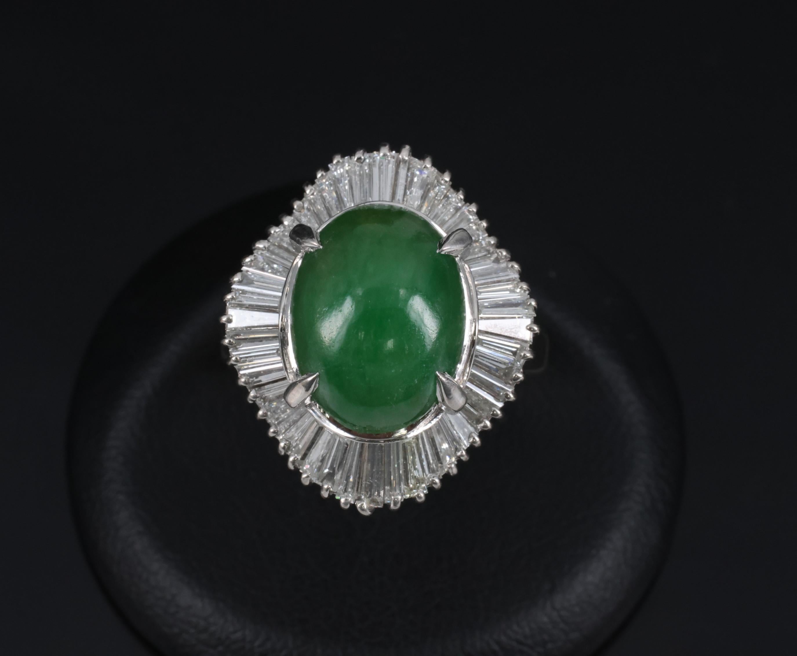 Vintage 6.92ct Natural Jadeite Jade & 1.57ct Diamond Platinum Ring, Size 7.75