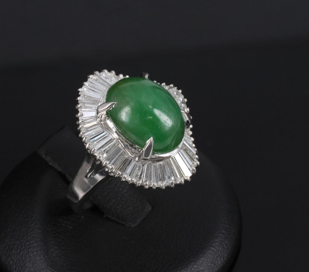Vintage 6.92ct Natural Jadeite Jade & 1.57ct Diamond Platinum Ring, Size 7.75