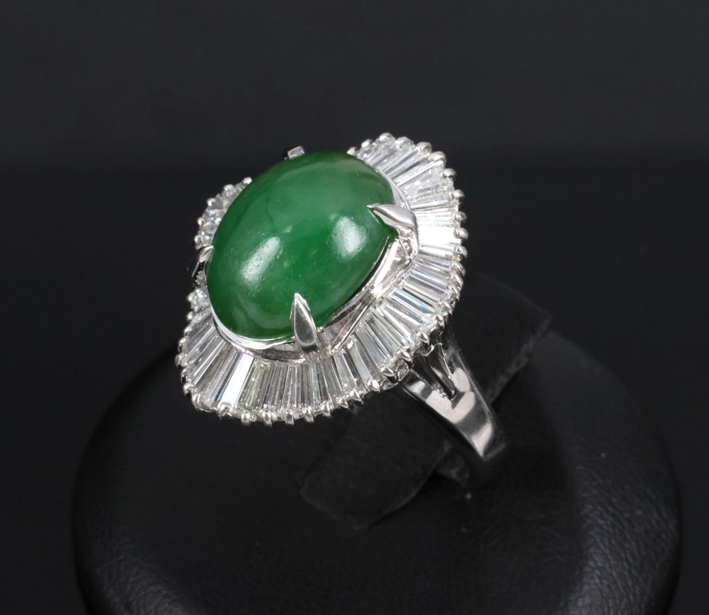 Vintage 6.92ct Natural Jadeite Jade & 1.57ct Diamond Platinum Ring, Size 7.75
