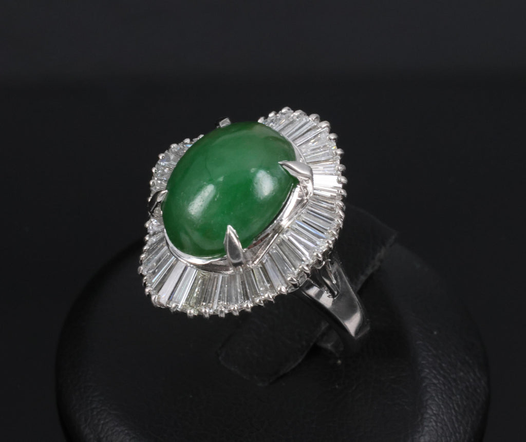 Vintage 6.92ct Natural Jadeite Jade & 1.57ct Diamond Platinum Ring, Size 7.75