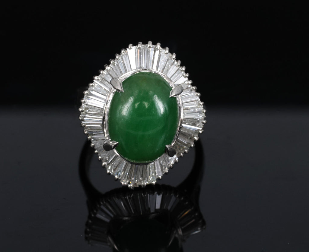 Vintage 6.92ct Natural Jadeite Jade & 1.57ct Diamond Platinum Ring, Size 7.75