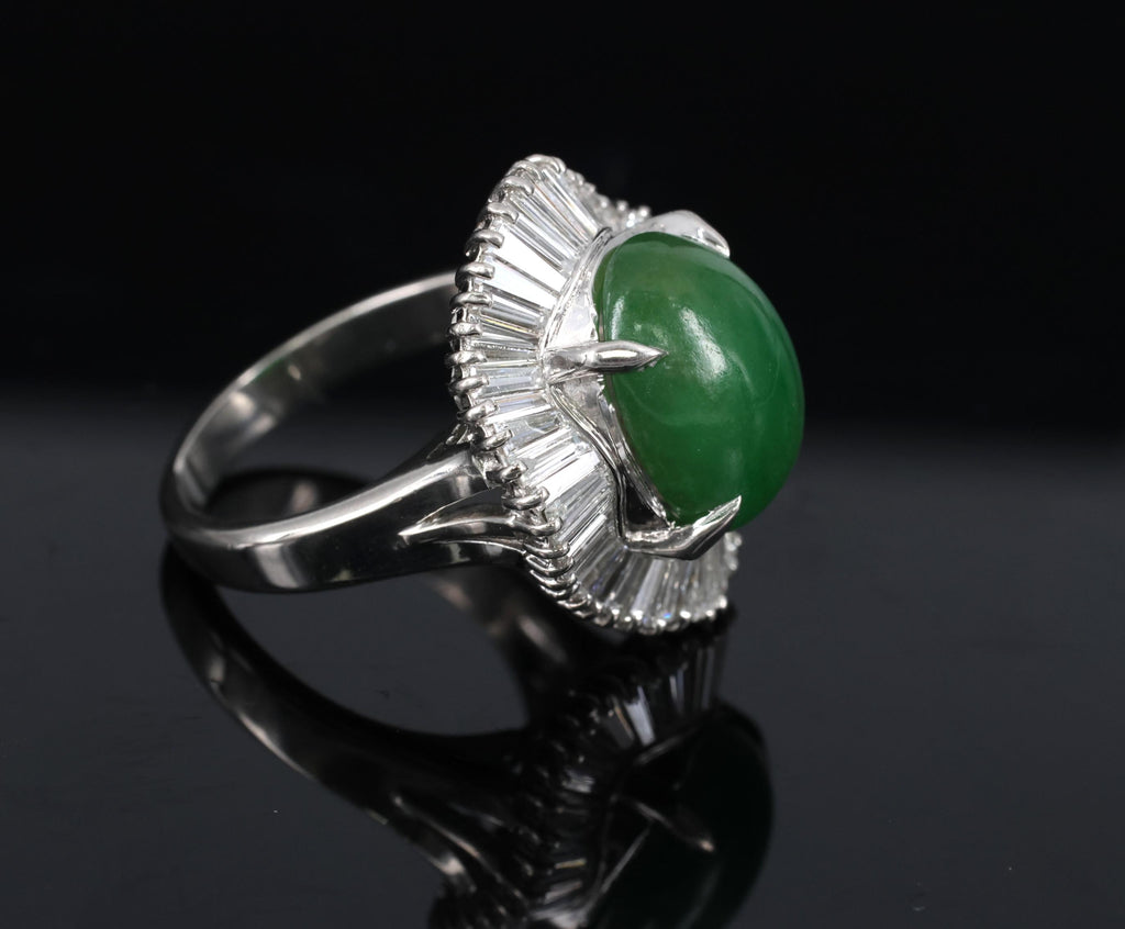 Vintage 6.92ct Natural Jadeite Jade & 1.57ct Diamond Platinum Ring, Size 7.75
