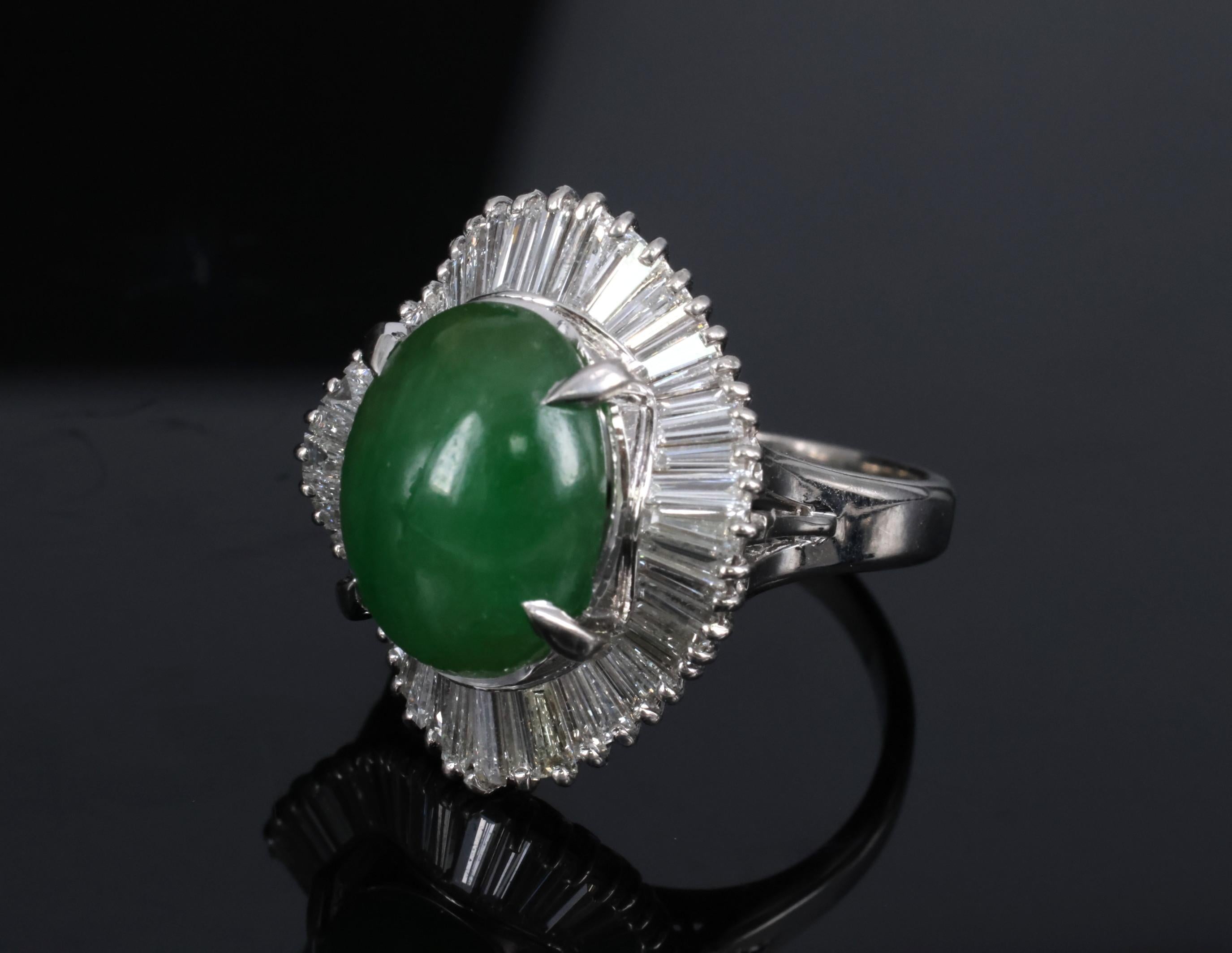 Vintage 6.92ct Natural Jadeite Jade & 1.57ct Diamond Platinum Ring, Size 7.75