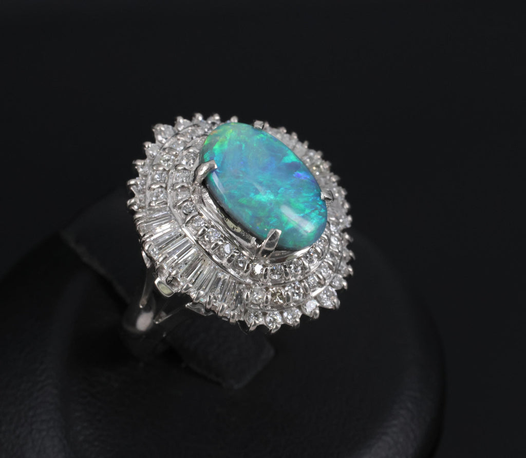 Rare 2.08ct Natural Black Opal & 2.28ct Diamond Platinum Ring, Size 5
