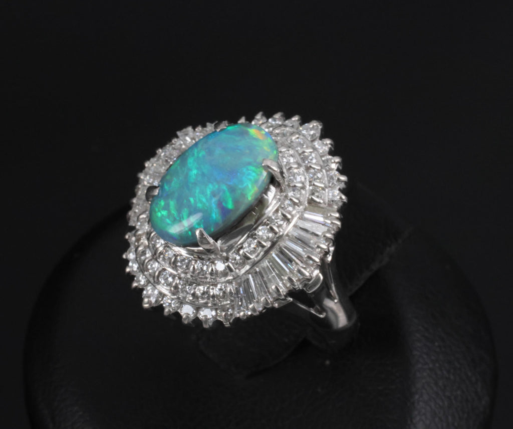 Rare 2.08ct Natural Black Opal & 2.28ct Diamond Platinum Ring, Size 5